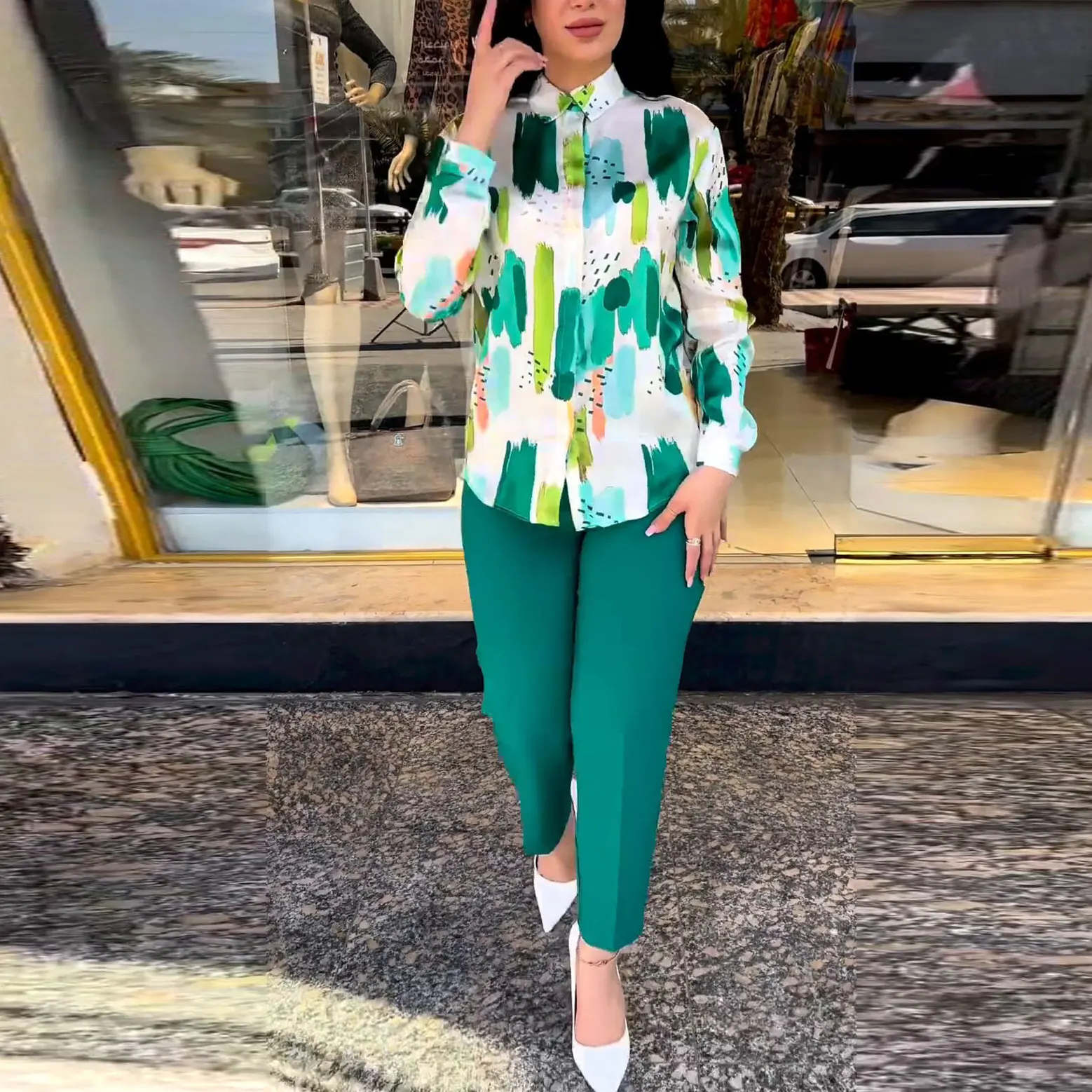 

Women Pencil Pants High Waist Print Casual Elegant Top And Trousers Fashion Spring Summer