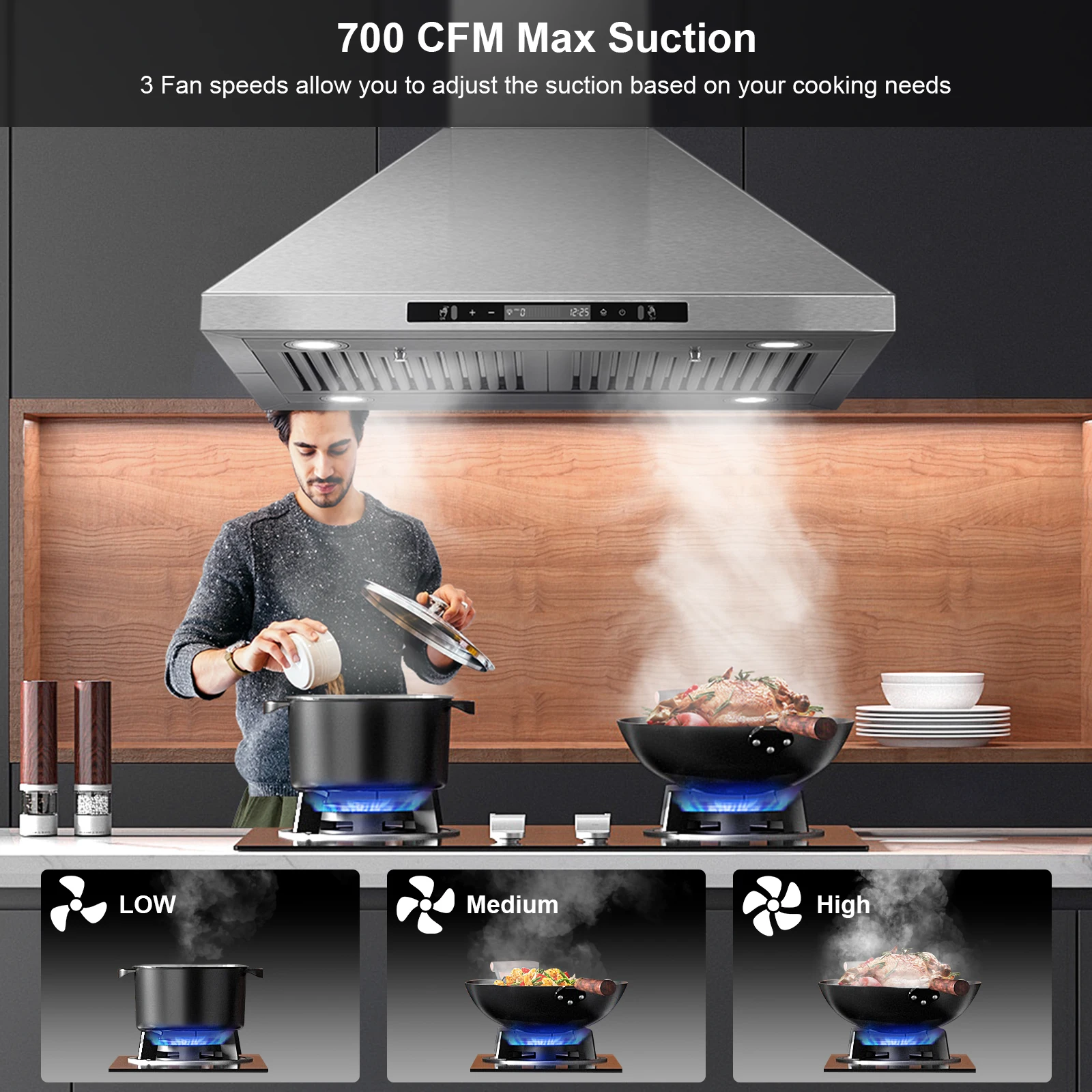30" Stainless Steel 700CFM, Touch/Gesture Control, LED Light, 3-Speed, 65dB Quiet Island Range Hood