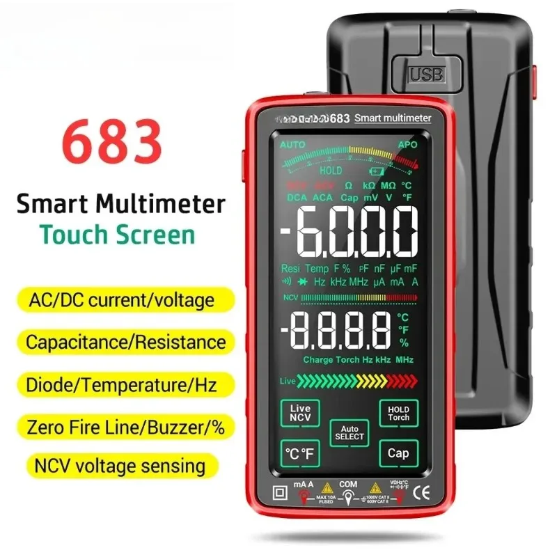 

683 6000 Counts Professional Multimeter AC/DC Voltage Test Current Ammeter Smart Touch Screen Multimeter NCV Diode Test