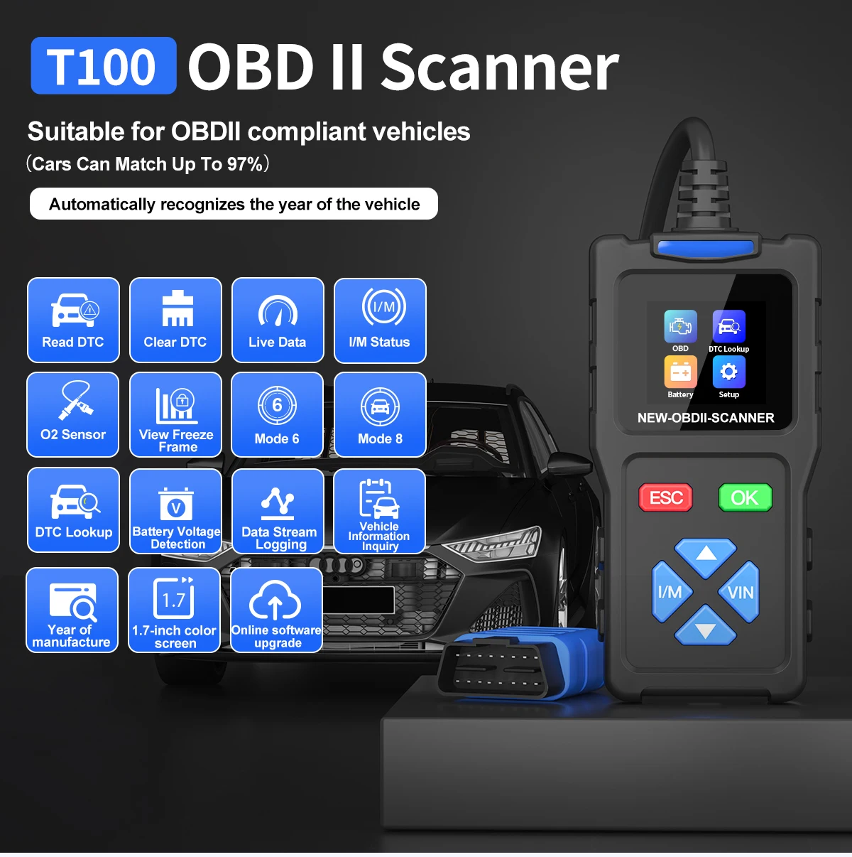 T100 OBD2 Automotive Scanner, Car Diagnostic Scanner, Professional Tool for Check the Car Fault, I/M