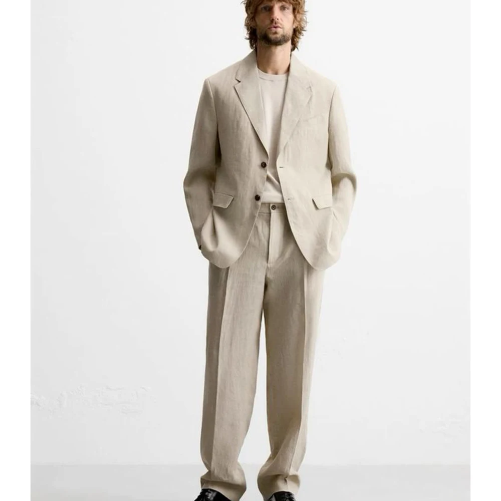 Simple Light Khaki Men‘s Casual Style Suit 2 Piece Jacket Pant Set Single-Breasted Notch Lapel Loose Daily Office Party Male