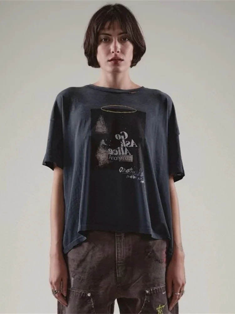 

Paly Summer New Style TAOS Rhinestone Letter Process Vintage Rusted Unisex BF Short Sleeve T-Shirt Cotton round Neck Top