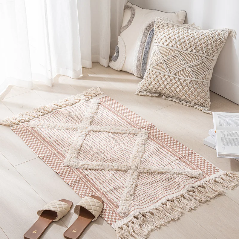 

Retro Bohemian Hand Woven Cotton Carpet Tassel Geometric Floor Mat Bedroom Tapestry Nordic Simple Decorative Blanket Area Rug