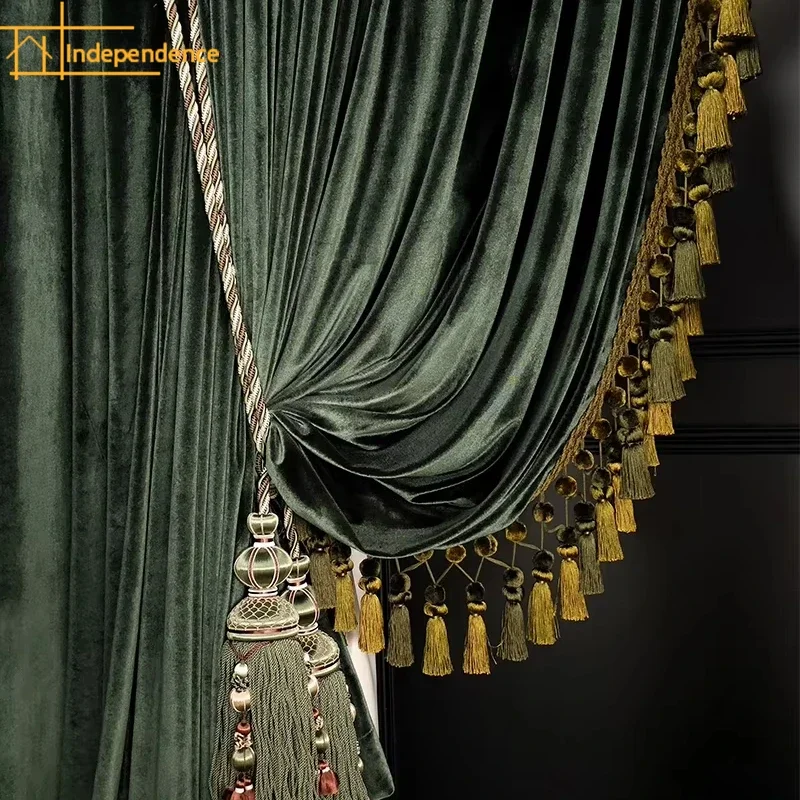 

Luxury Retro Dark Green Velvet Tassels Thickened Blackout Curtains for Living Room Bedroom French Window Villa Customization