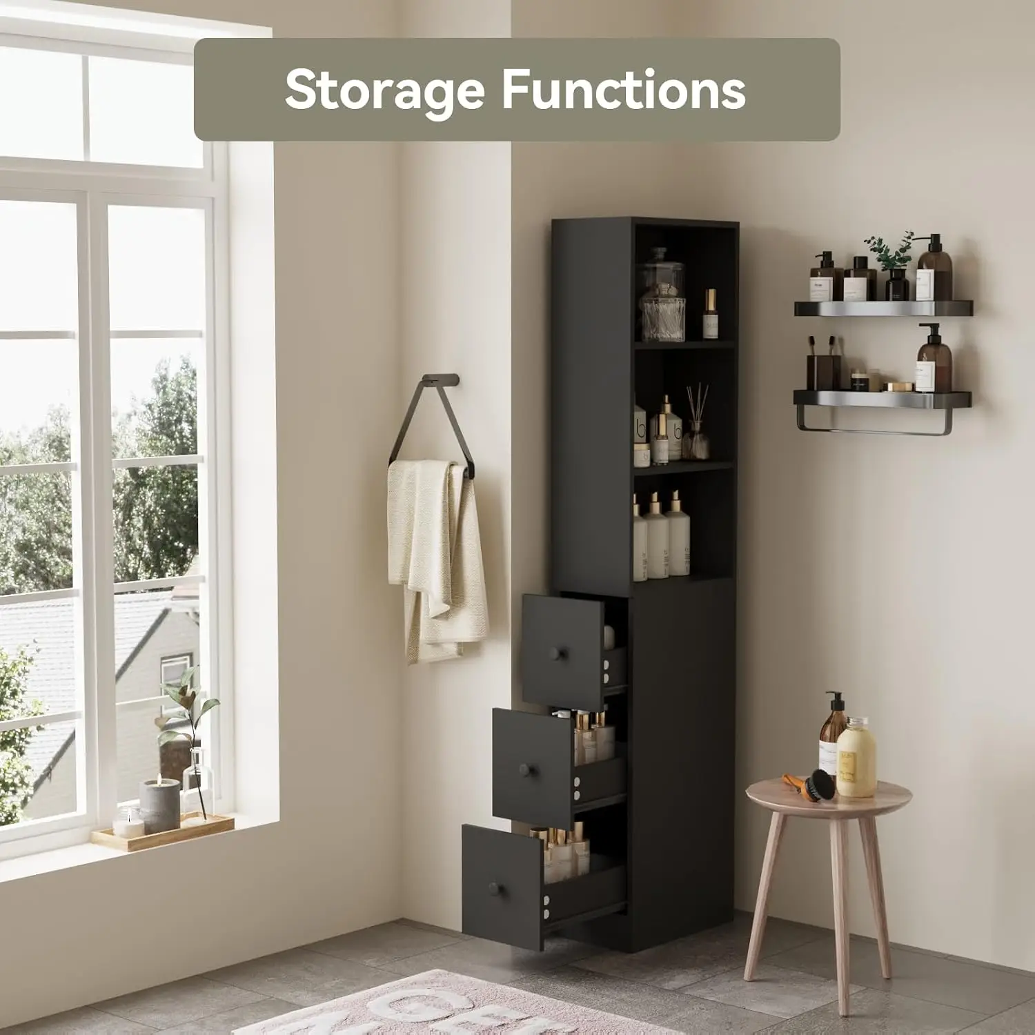 Tall Narrow Bathroom Storage Cabinet with Adjustable Shelves Black