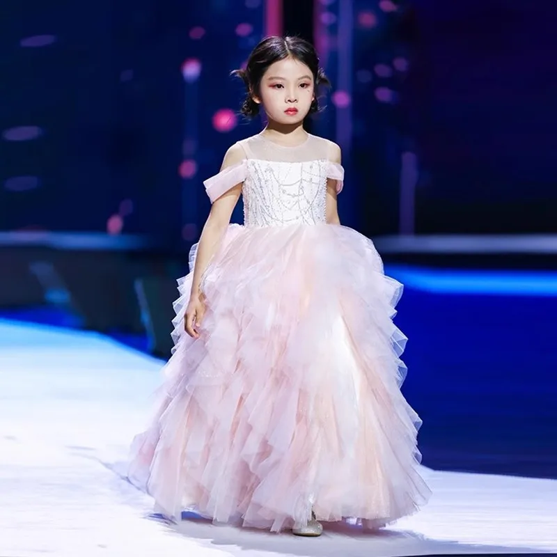 High-End Girl Princess Costume Host's Catwalk Piano Performance Birthday Party Girls Dresses A4524 Vestidos Bridesmaid Dresses