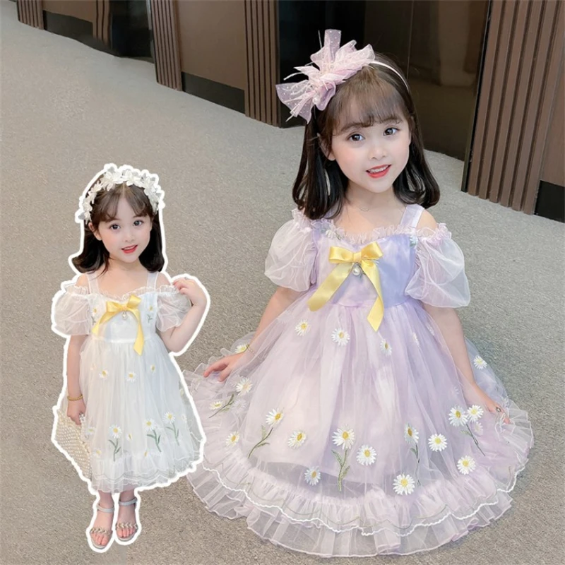 Girls Party Dress Summer Elegant Princess Dress Cute Daisy Boat Neck Bare Shoulders Dress 2-9 Years Kids Birthday Party Clothes