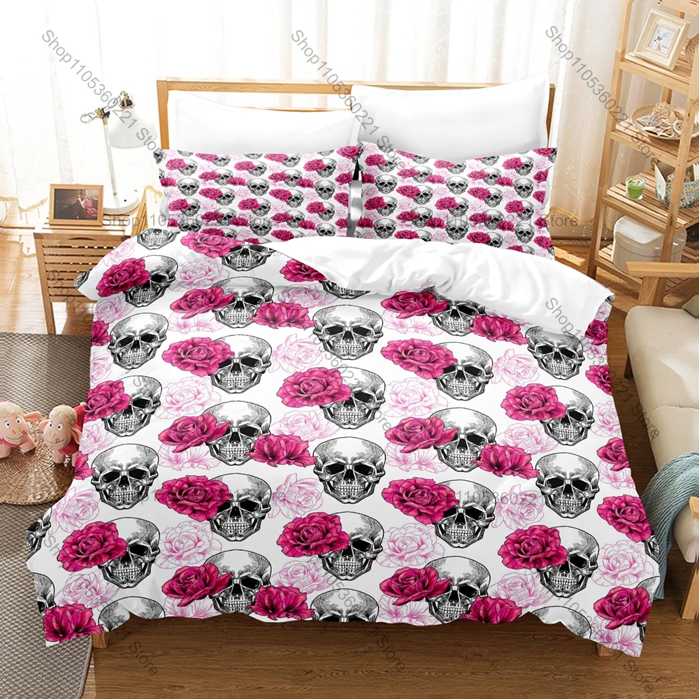 Gothic Roses and Skulls Bedding Set Vintage Dark Floral Skull Pattern 3 Pieces Bed Set Home Dorm Room Decoration