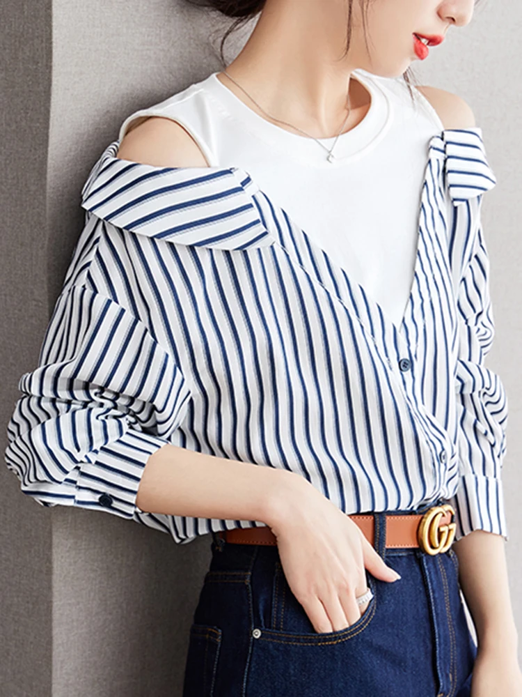 Autumn New Fake Two Pieces Vertical Stripes Shirt Women Off Shoulder Loose Commute Comfortable Casual T-shirt Long Sleeve Tops