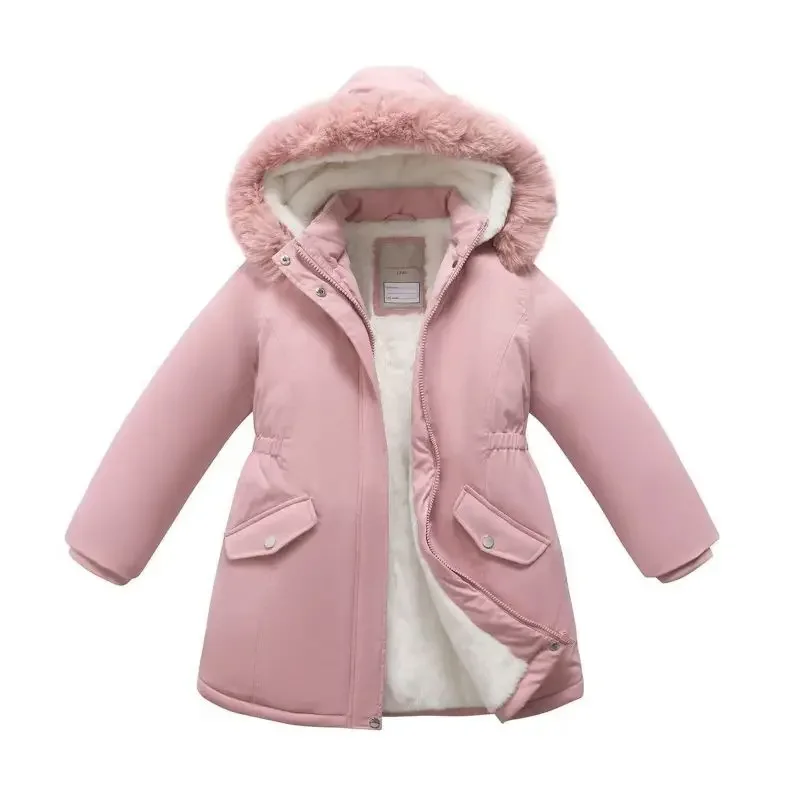 

4-14 Years Children Girls Plush Pocket Climbing Hiking Hooded Coat Winter Warm Down Kids Clothing Sportwear