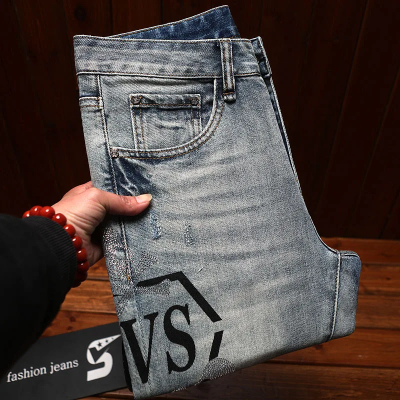 Street ripped patch jeans men's print slim fit small feet summer blue trendy fashion high-end denim pants