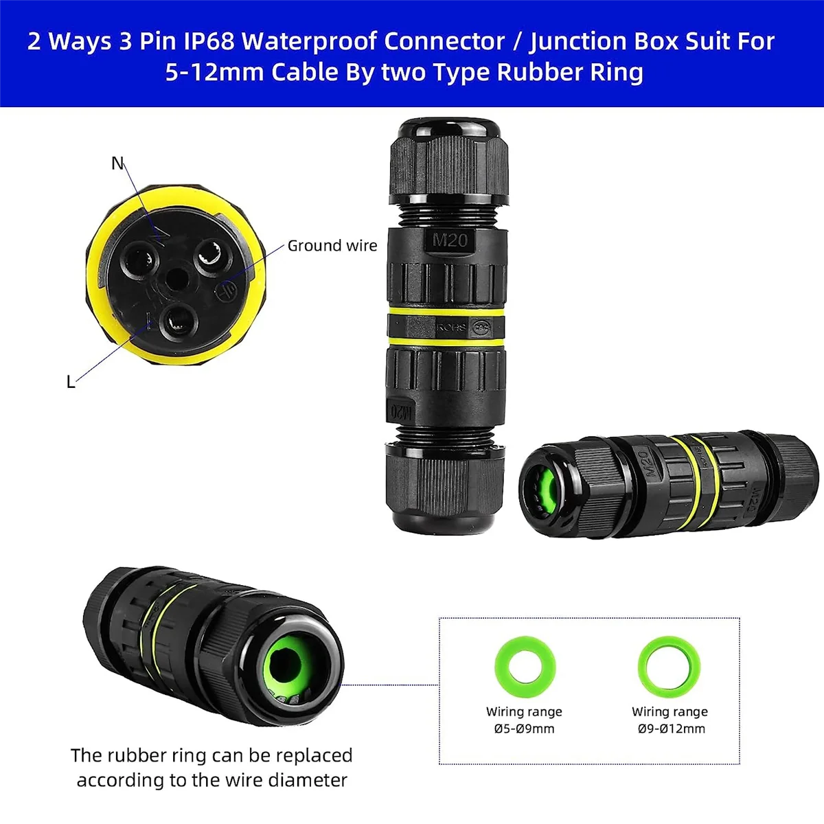 5Pc IP68 Waterproof 2 Way 3-Core Junction Box Electrical Cable Connector M20 Wire Range(5-12mm),for Outdoor Repair