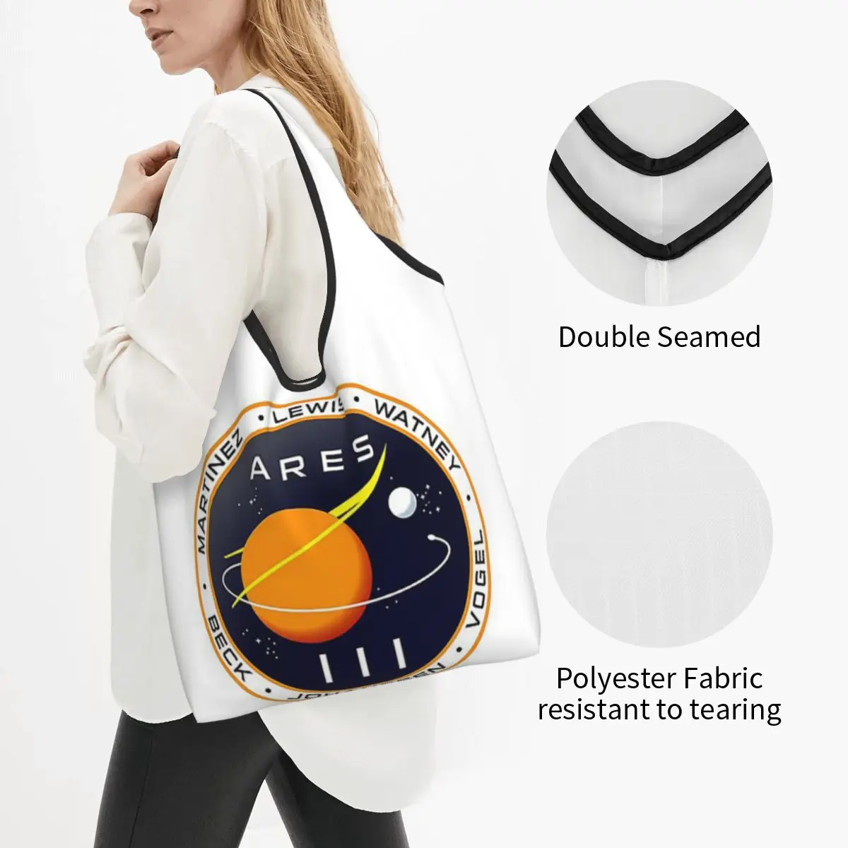 Ares 3 Mission To Mars - The Martian Badg Portable Tote Shopping Bags Foldable Shopper Bag Groceries Handbag Shoulder Bag