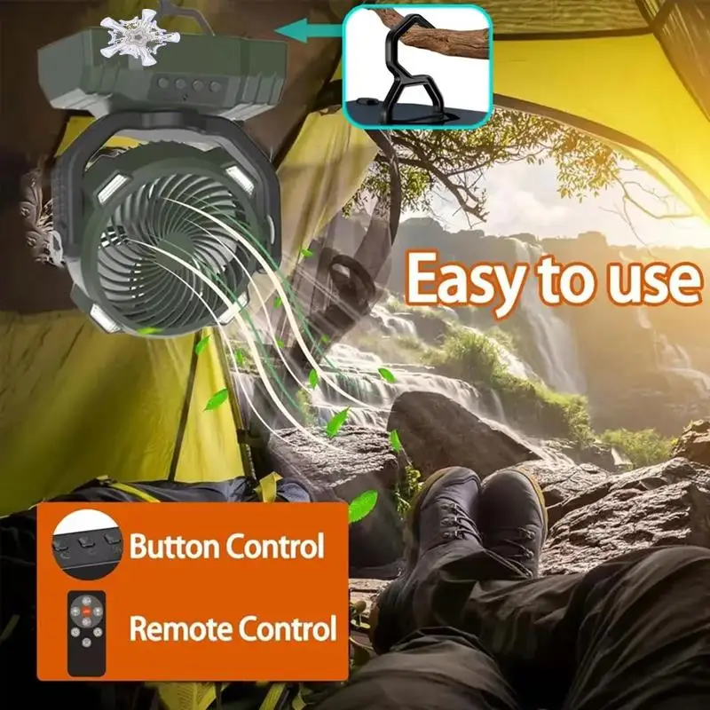 

USB Rechargeable Portable Fan For Camping, Includes LED Light, Shaking Head Feature And Hanging Hook For Outdoor Convenience