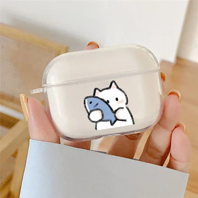 Cartoon Cat Fish Couple Earphone Cases For Apple AirPods 4 3 2 1 Clear Protective Covers For AirPods Pro 2 Animal Shell Fundas