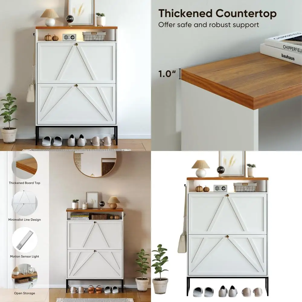 

Modern White Wooden Shoe Storage Cabinet with 2 Flip Drawers and Motion Sensor Light for Hallway and Foyer