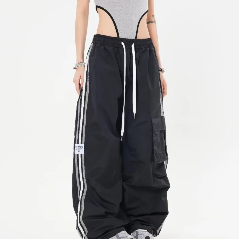 

Y2K Kpop Cargo Pant Women Drawstring Pockets Wide Leg Chic Punk Pants Baggy Striped Sports Sweatpants Parachute Jogger Trousers