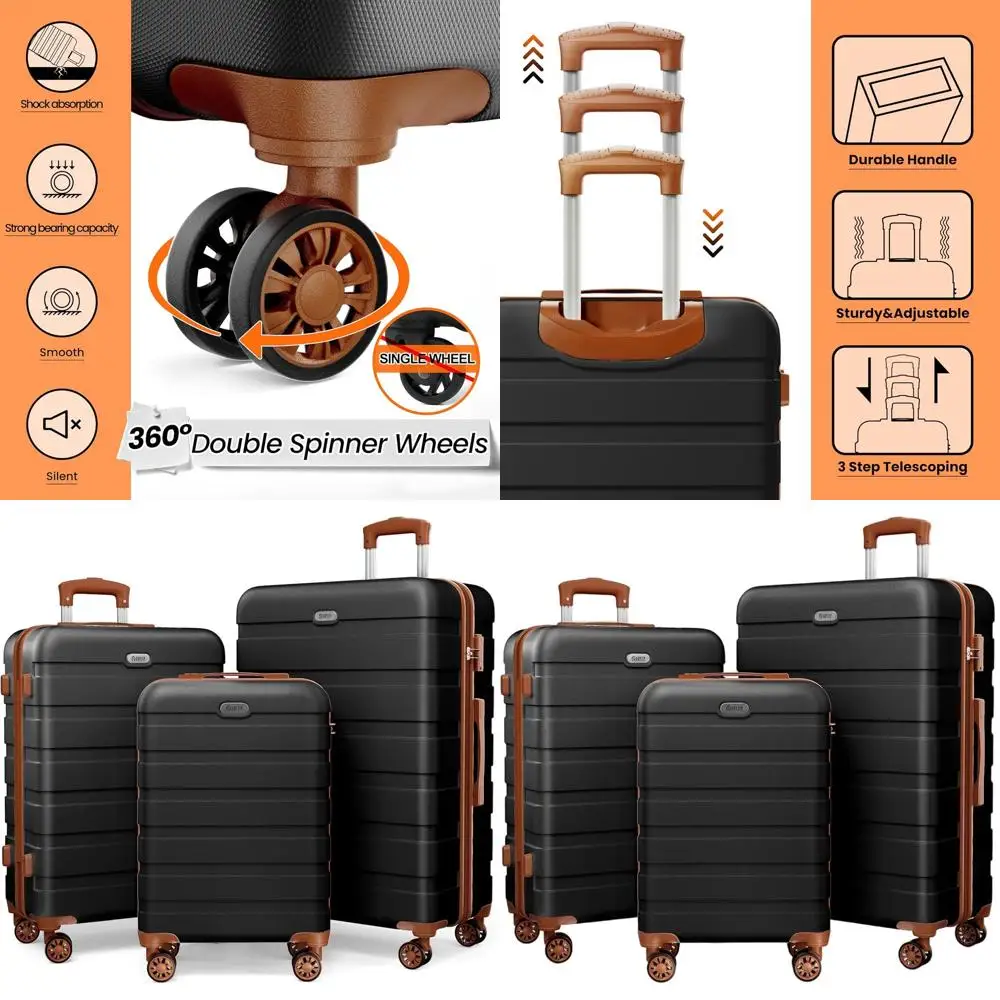 

3-Piece Hardshell Suitcase Set with 4 Spinner Wheels, TSA Lock, 20-28 Inch, Black/Brown