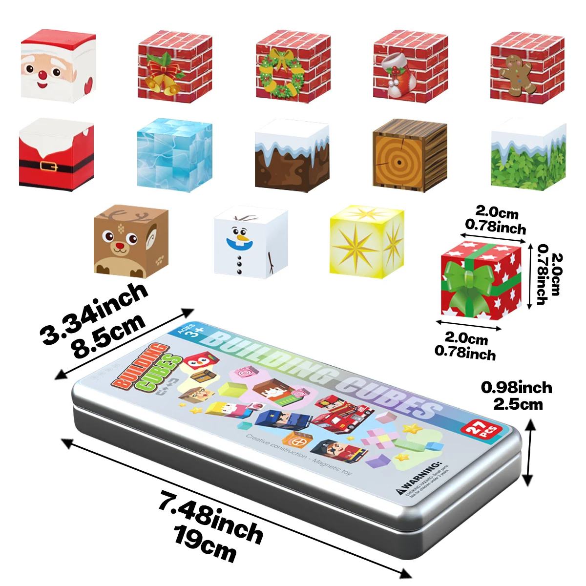 Set di blocchi magnetici natalizi, blocco magnetico con scatola di ferro per bambini, blocco magnetico a tema natalizio di Babbo Natale, giocattolo con blocchi magnetici