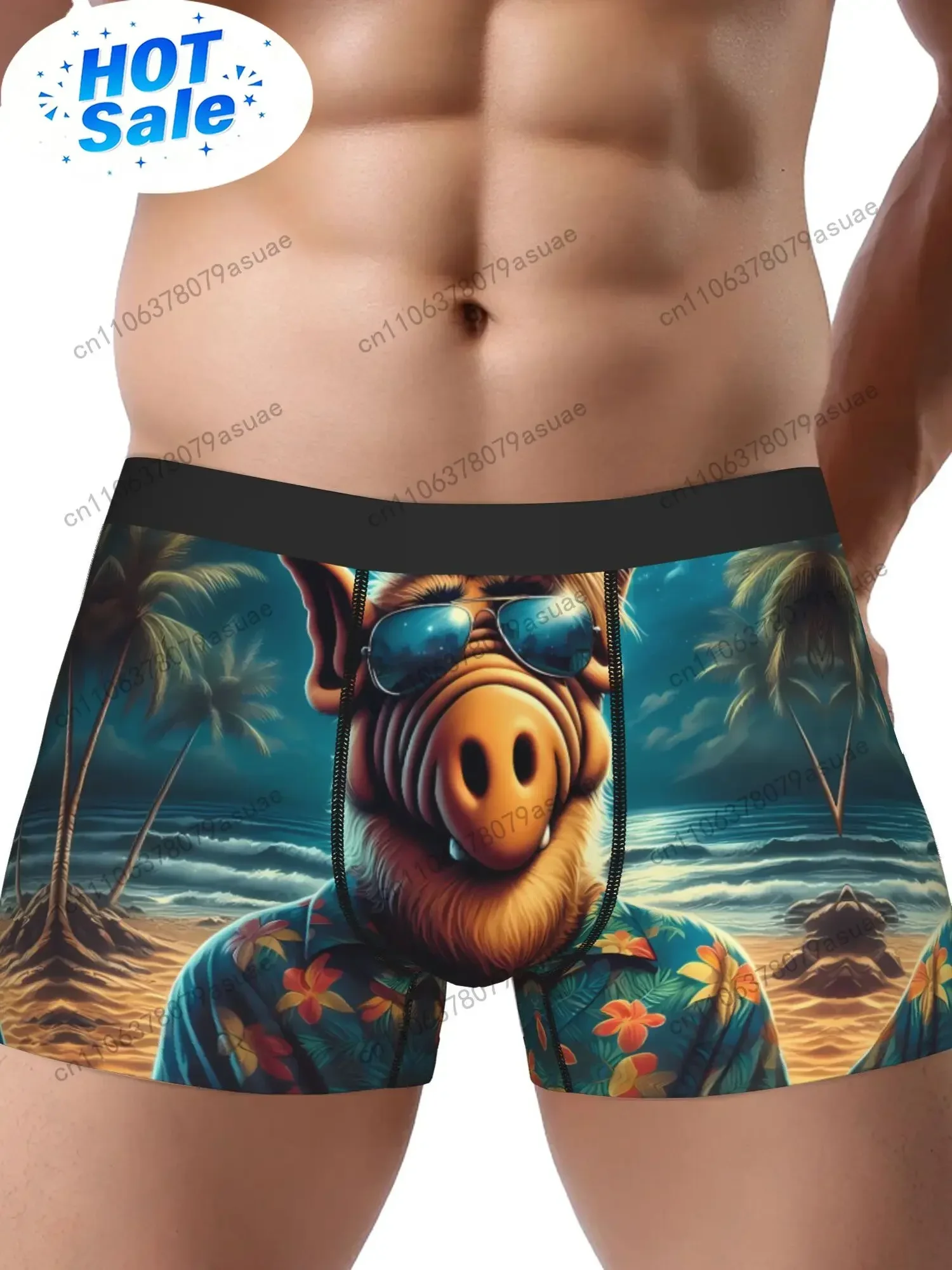 Men's Alien Comic Tropical Beach Briefs - Non-Transparent Underwear with Alien Character in Hawaiian Shirt Fashion Gla Black