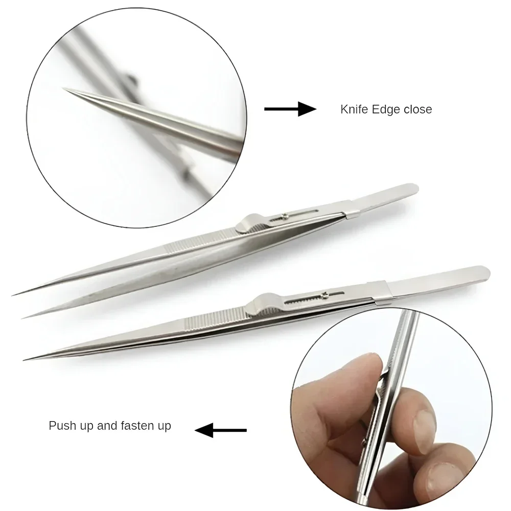 Professional Stainless Steel Tweezers Adjustable with Buckle Slide Lock Antistatic for Diamond Gem Jewelry Making Precision Tool