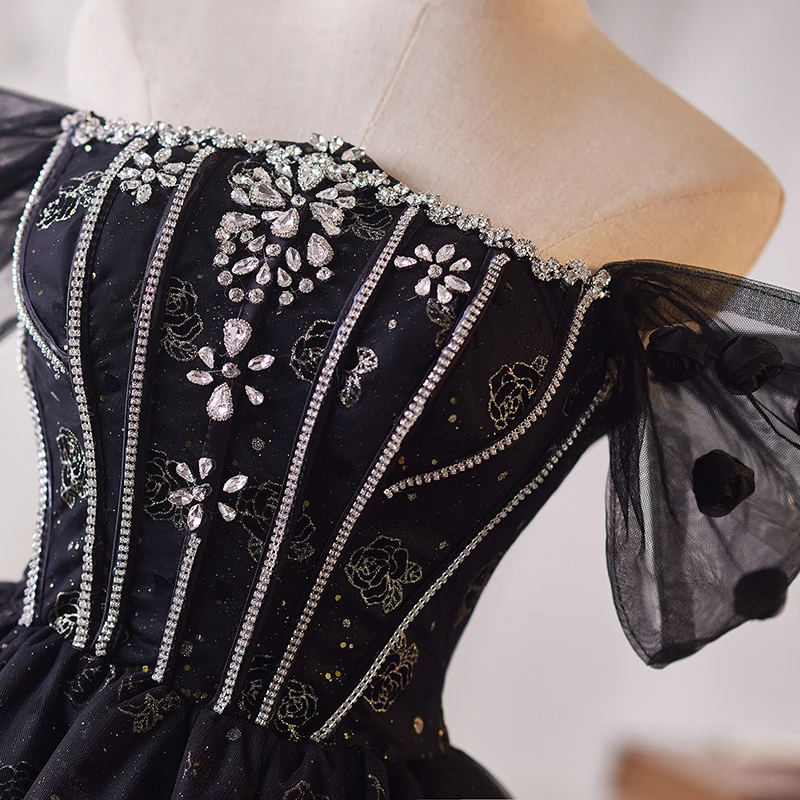 AnXin SH princesa flor negra encaje cuello barco rebordear cristal encaje hasta fiesta corto vestido de noche personalizado pequeño vestido negro