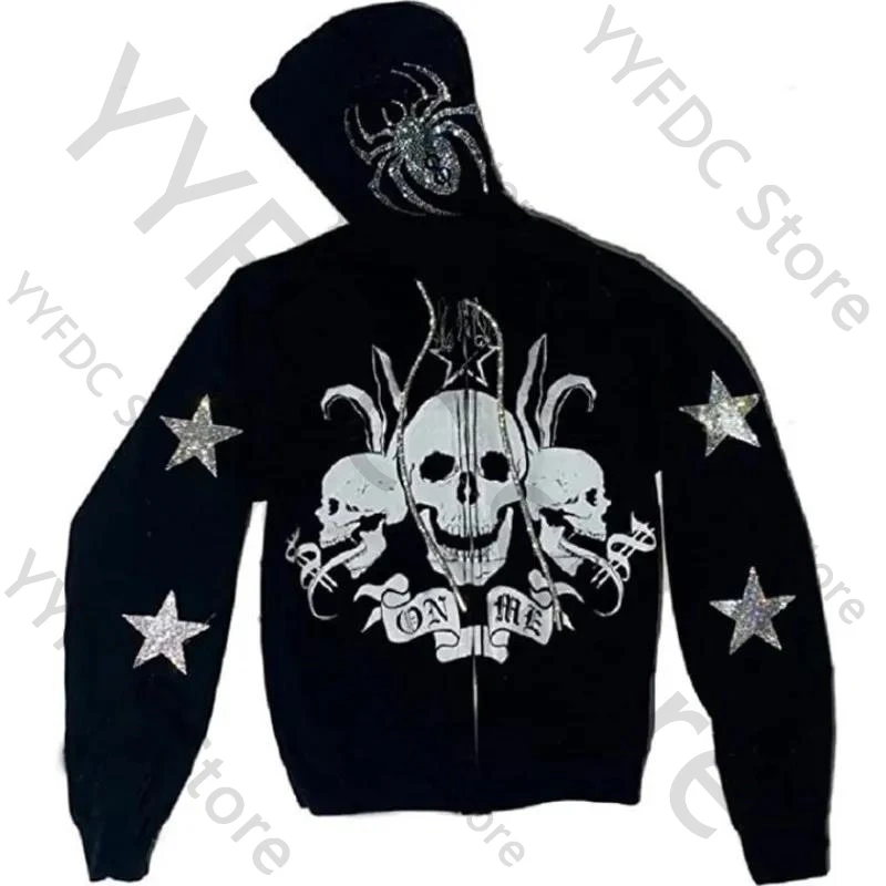 Hip Hop Gothic Skull Rhinestone Zipper Hoodies Women Men Autumn Loose Coat Sweatshirt Streetwear Oversize Skeleton Y2k Tracksuit