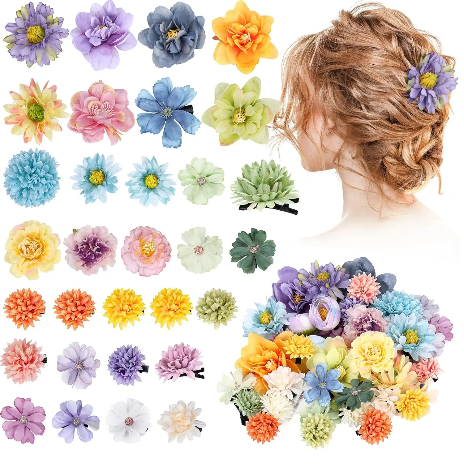 

41 Pcs Floral Hair Clips Set for Women Girls Bride Wedding Accessories Yellow Green Blue Purple