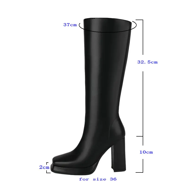 2024 Women Knee High Boots Platform Thick High Heel Ladies Calf Boots PU Leather Square Toe Side Zipper Dress Women Boots