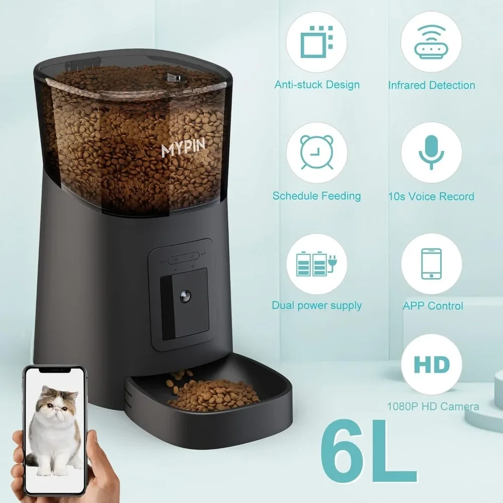 Video Automatic Pet Feeder with HD Camera, Food Dispenser for Cats and Dogs WiFi Smart Feeder with Camera 6L 2-Way Audio