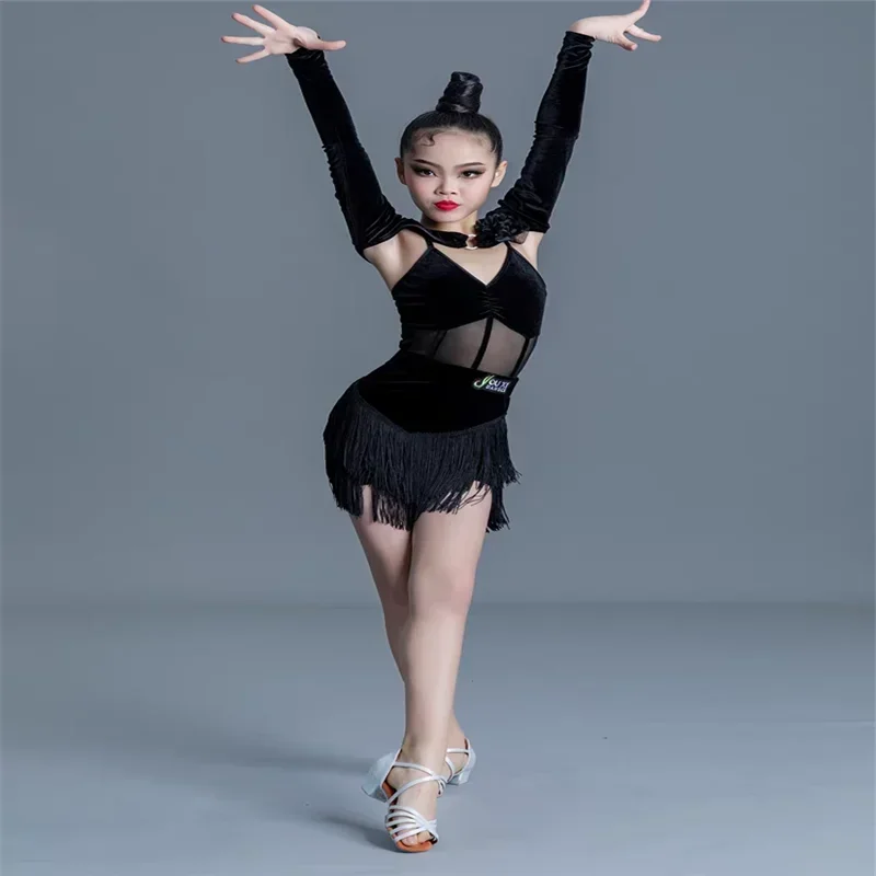 Vestido de baile latino para niños, Sexy, con flecos y borlas, Tango, Salsa, vestidos para niños, Cha-cha, Ropa de baile para ejercicio, trajes de entrenamiento