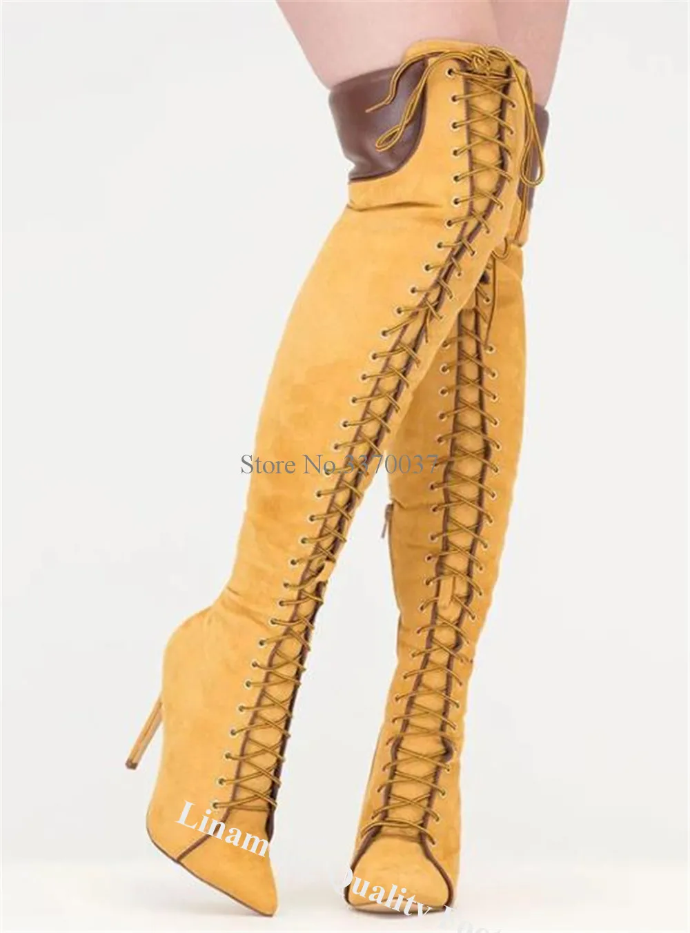 Linamong Western Style Thin Heel Over Knee Folded Boots Sexy Pointed Toe Lace-up Stiletto Heel Long Boots Big Size Boots