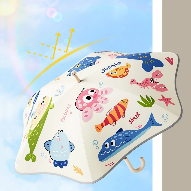 Cute Safety Kids Umbrella With Reflective Strip UPF50+ Round Corner Umbrellas With Wheel Anti-Poke UV Sun Rain Children Parasol
