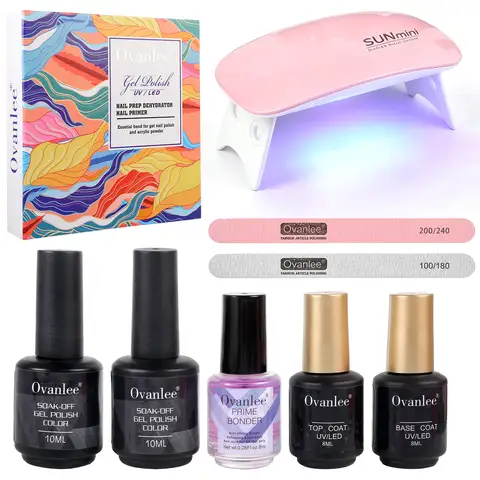 Kit de Vernis à Ongles Gel Tout-en-Un Ovanlee – Ensemble de Démarrage Complet avec Mini Lampe UV/LED, 2 Couleurs (10ml), Base et Top Coat, Primer Bonder et Limes à Ongles pour une Manucure DIY de Qualité Salon à Domicile