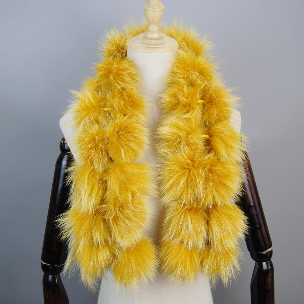 New Style Fashion Luxury Women Real Raccoon Fur Scarves Pompom Lady Winter Warm Natural Fox Fur Scarf Fluffy Genuine Fur Muffler