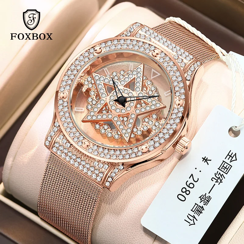 

Женские часы FOXBOX с модным большим циферблатом, водонепроницаемые часы с пентаграммой для девочек, женские часы с вращающимся полым циферблатом в виде снежинки