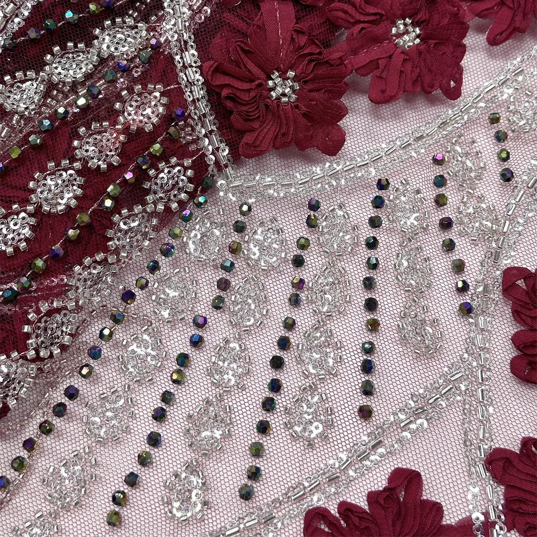 Latest Beaded Fringe Lace Fabric Nigerian Sequins 3D Tassel Geometric Embroidery High Quality for Wedding Evening Party Dress