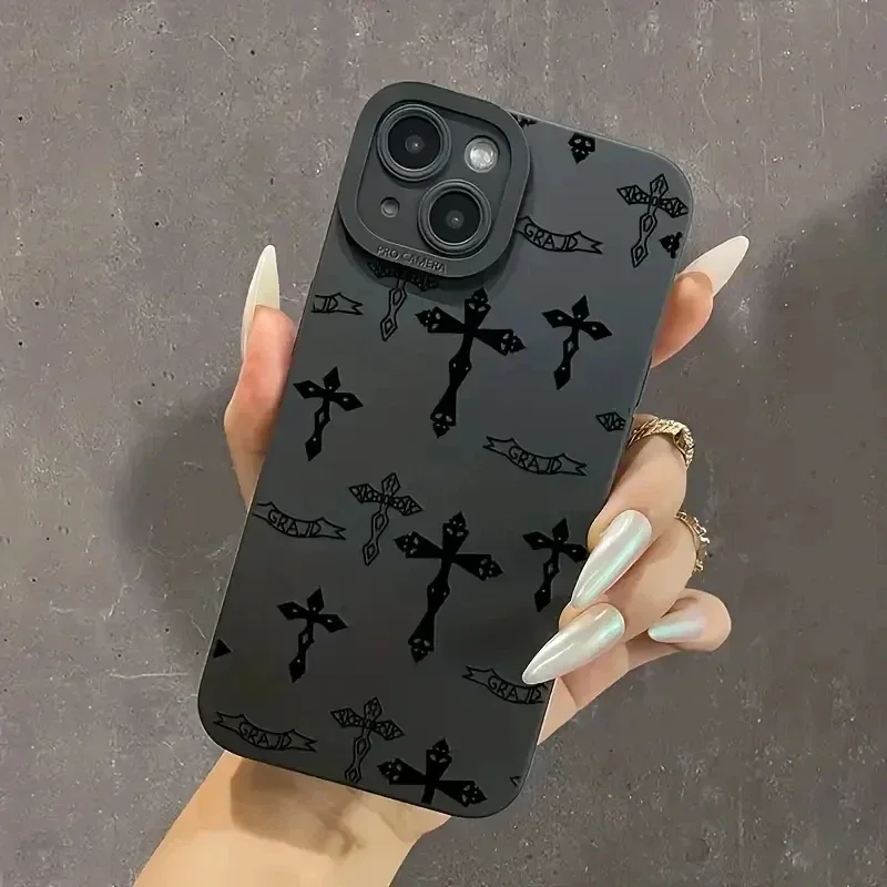 Phone Case For iPhone 15 14 11 12 13 Pro Max Mini 7 8 Plus X XR XS Max SE 2020 2022 Black Cross Print Shockproof Soft Cover