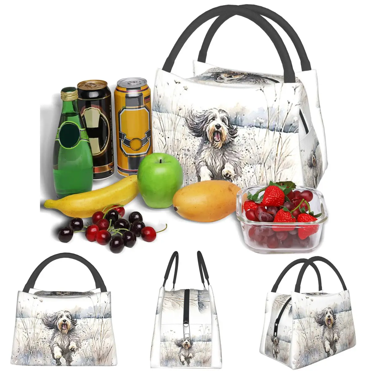 Bearded Collie Dog Paw Prints Lightweight Handheld Insulated Lunch Bag Large Capacity for Adults Students Travel Picnic