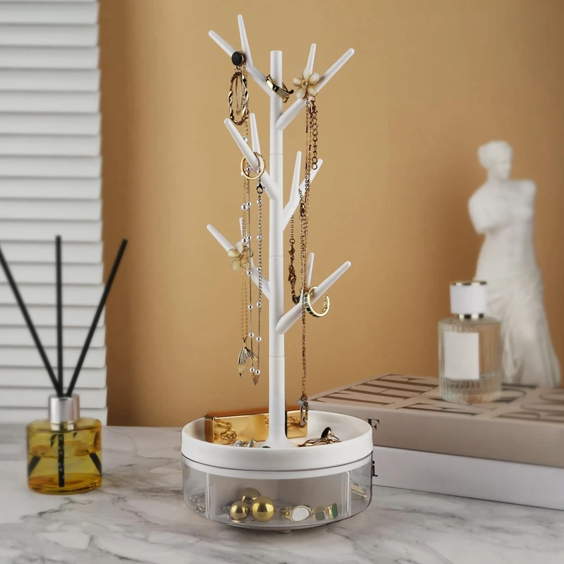 Branch Jewelry Rack With Rotatable Base And Storage Box Tree Tower Rack Hanging Organizer, White Durable About 14 X 36.5CM