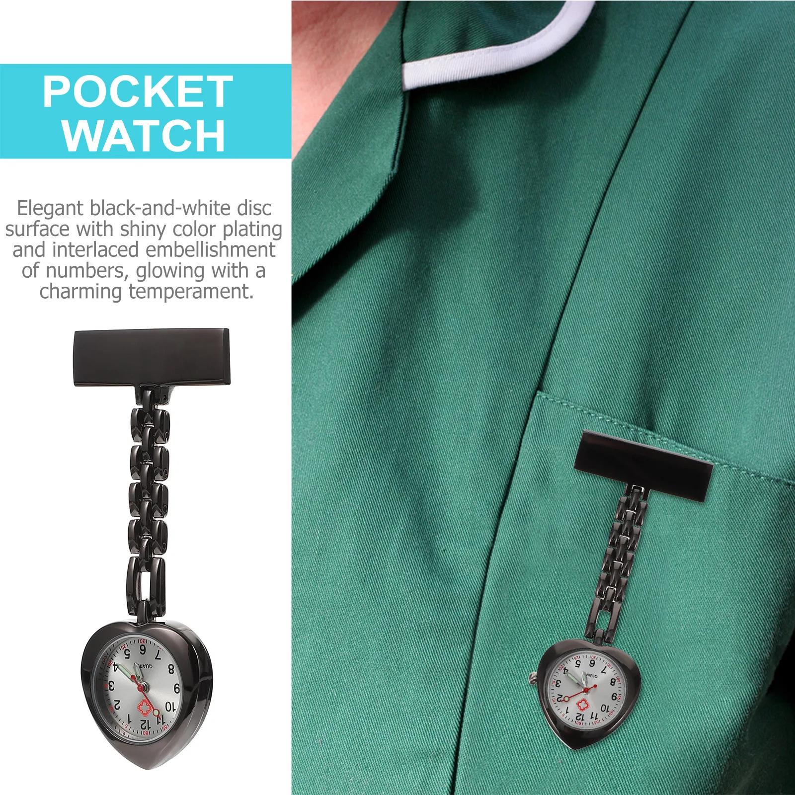 

1pc Alloy Quartz Heart Shape Pocket Watch Nurse Clip On Durable Large Dial Clear Medical Staff Useful Chest Nurse Watch