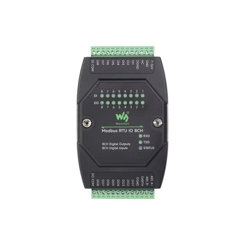 Waveshare Modbus RTU IO 8CH,Industrial 8-Ch Digital Input & Output Module,DC 7~36V Wide Voltage Power Supply,Modbus RTU Protocol