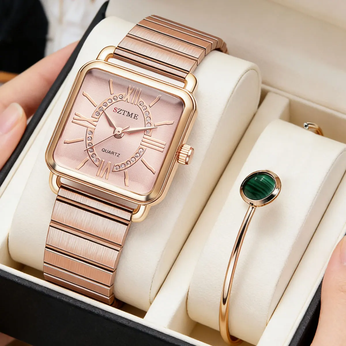 Rose Gold Square Quartz Watch for Women with Steel Band And 2-Piece Bracelet Set High-End Scale Female Wristwatch Accessories