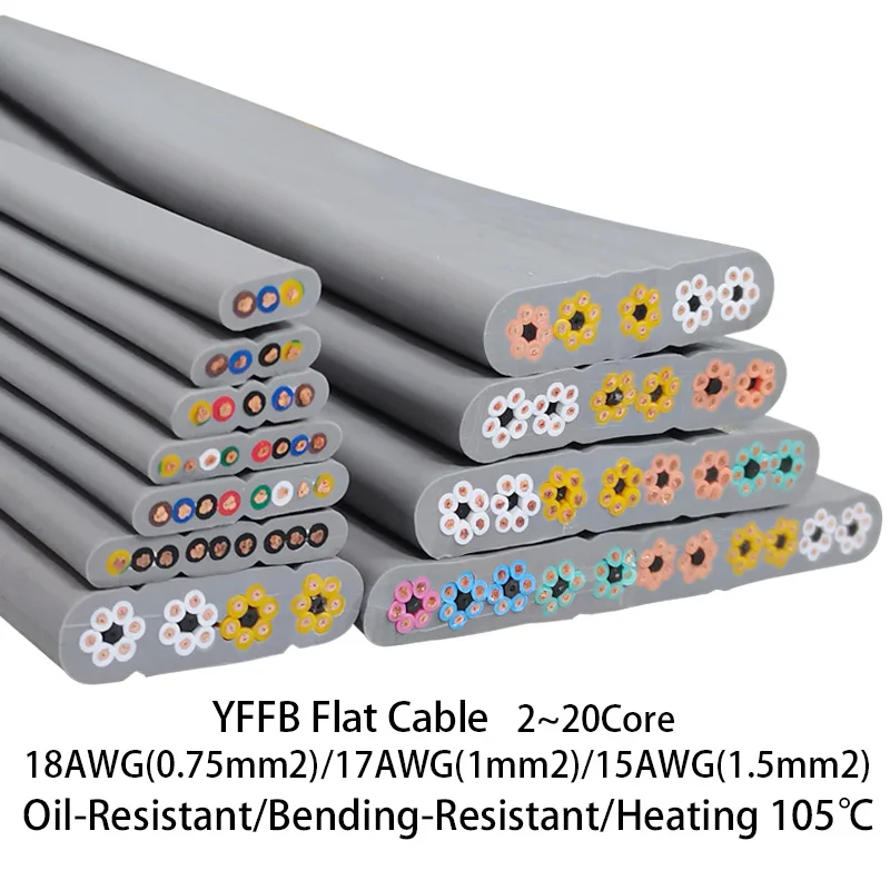 YFFB Flat Cable18 17 15Awg 0.75 mm2-1.5 mm2 2-20Core flessibile, piegato, resistente all\'olio gru da viaggio ascensore cavo telescopico per porta