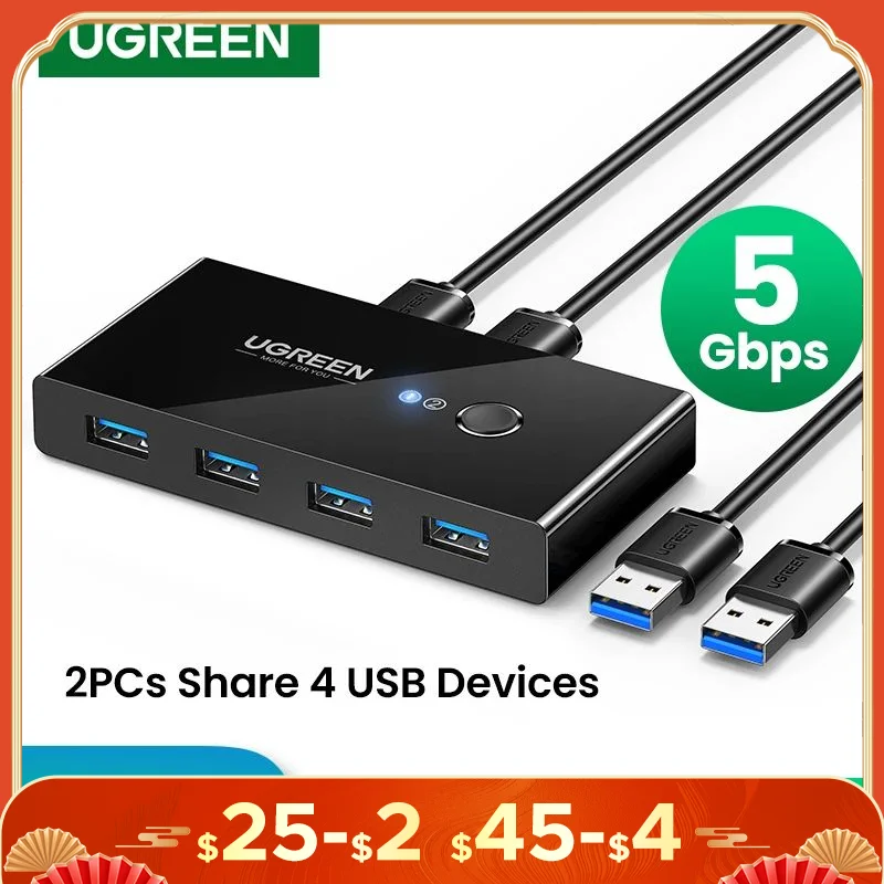 UGREEN USB Switch USB 3.0 2.0 Switcher Switch for Windows10 PC Keyboard Mouse Printer 2 PCs Sharing 4 Devices USB Switch