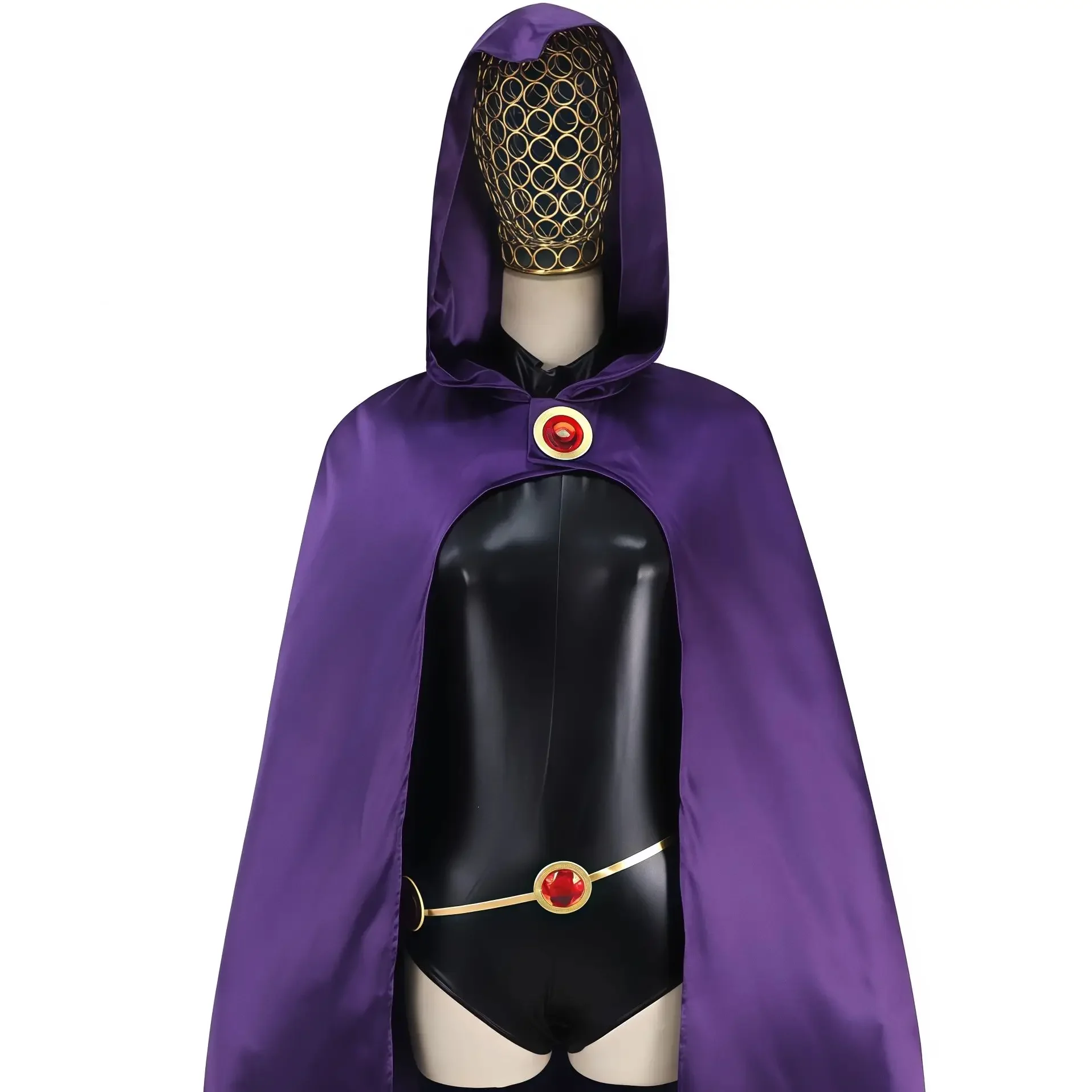 2025年ハロウィン-レディース-アニメ-ティーン・タイタンズ-レイヴン-コスプレ衣装-デラックスジャンプスーツ-ベルト付き-パープルマント-ハロウィンユニフォーム-パーティー