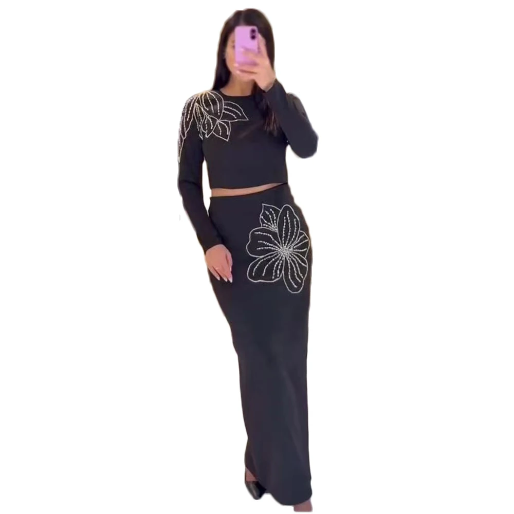 2025 New Fashion Beading Women Long Sleeve Tops Long Skirts Bandage Clothes Causal Two Pieces Sets