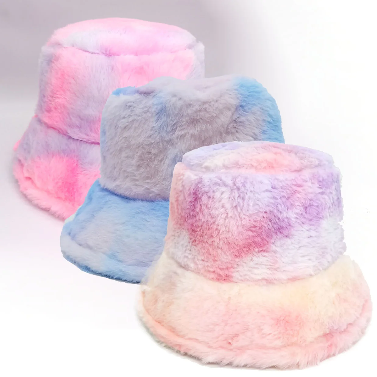 Tie Dye Colorful Plush Bucket Caps Lamb Wool Winter Hats For Women Panama Cap Furry Velvet Rainbow Sun Hats Girl Fisherman Hat