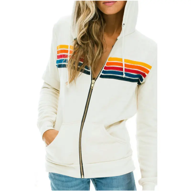 2024 Women\'s New Hooded Sweatshirts Casual Zipper 5 Stripe Rainbow Long Sleeve Jacket Coat