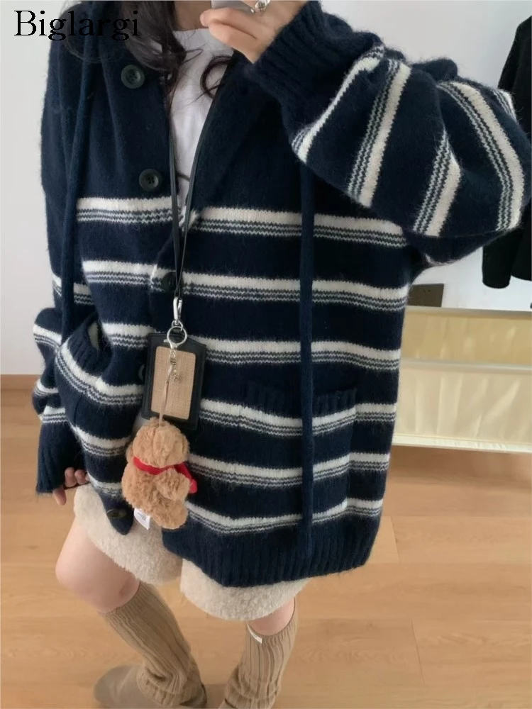 

Вязаный осенне-зимний кардиган с капюшоном, женский полосатый принт, модные женские кардиганы в корейском стиле, свободные женские свитера, пальто